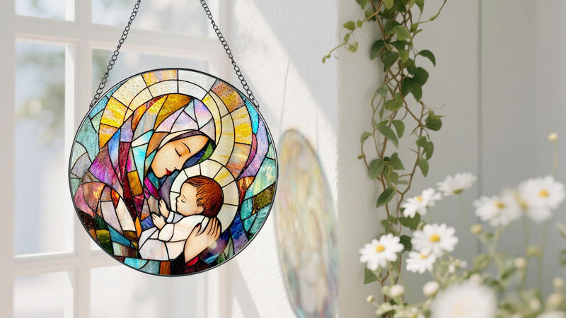 Baby Jesus and The Holy Mother Mary Sun Catcher, 8 Inch Stained Glass Window Hanging, Stained Glass Decor, Christian Home Decor, Christian Gifts for Women, Religious Gifts for Women Virgin Mary