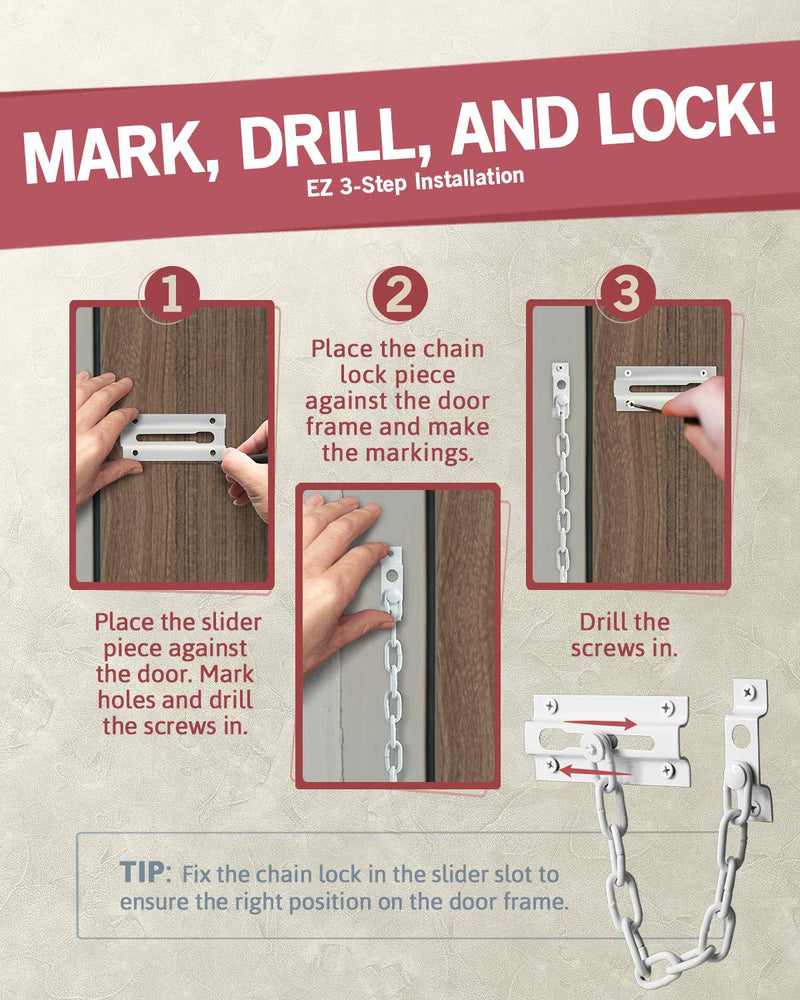 Jack N'Drill 2 Pack Door Chain Lock, Exclusive Chain Door Lock with Extended Chain Length, 100% Child Proof Safety, Heavy Duty Chain Locks for Inside Door and Extra Front Door Lock (White) 9.96″ Chain Length - White