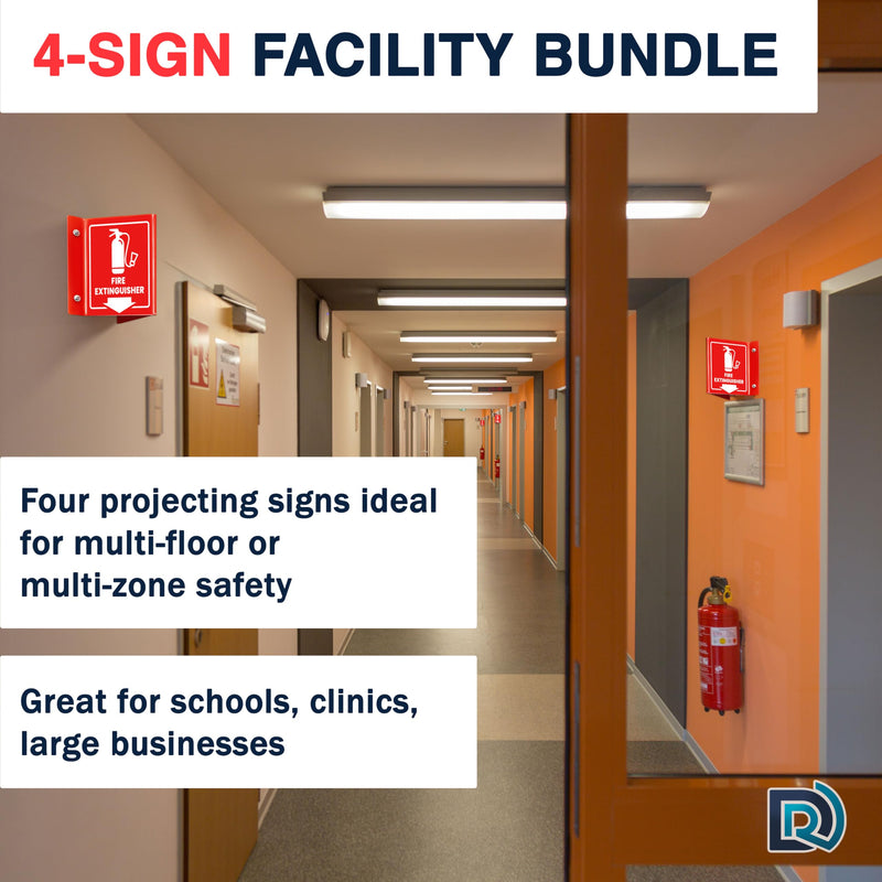 Fire Extinguisher Sign with Arrow, 6 Inch 3D Two-Sided Acrylic Projecting V Sign, Fire Extinguisher Signs for Wall Mount, Business Signs with Screws, 4 Pack Red Acrylic - Pack of 4