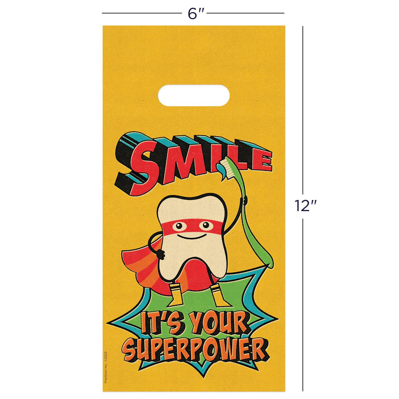 [Australia - AusPower] - Practicon Smile Superpower 6" x 12" Dental Giveaway Bag, Dental Hygiene Patient Care Goodie Bag, Dentist Office Plastic Gift Bags, 100 Pack 6" x 12" 