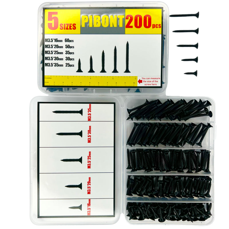 [Australia - AusPower] - Drywall Screws Assortment Kit,Wood Screws Assortment Kit,#6 Dry Wall Screws for Drywall Wood,Fine Thread Sheetrock Screws Set- Black Self Tapping Wood Screws,200pcs,5sizes,6#*(16-35mm) 200pcs/16-35mm 