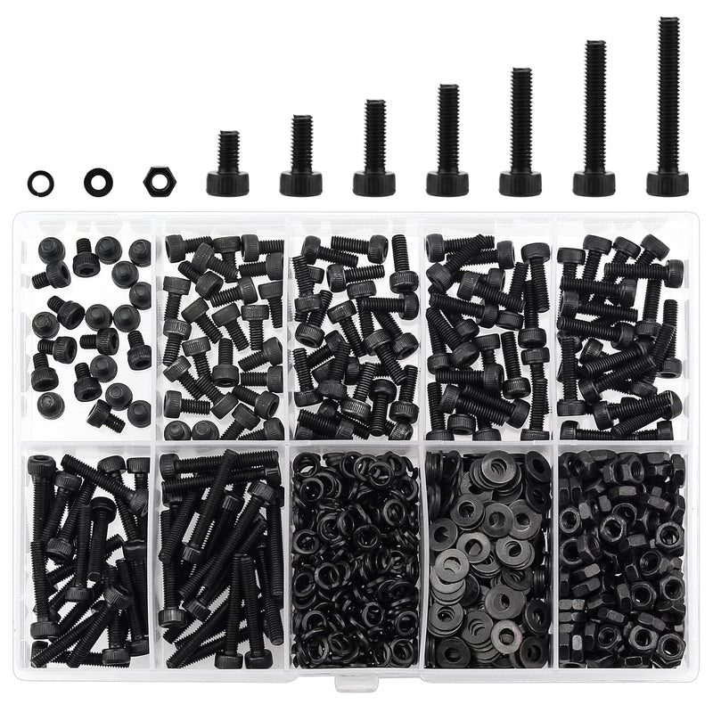 [Australia - AusPower] - 560 Pieces M3 x 4mm /6mm /8mm /10mm /12mm /16mm /20mm, Hex Socket Head Cap Screws Bolts Washers Nuts Kit, 12.9 Grade Alloy Steel, Full Threaded, Black 