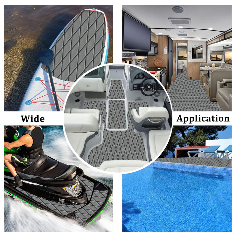 HXBYX EVA Foam Boat Flooring with 3M Adhesive Backing 6mm Thick Diamond Sea Deck Boat Carpet Marine Non-Slip Self-Adhesive Flooring Sheet for Kayak Yacht SwimPool RV 94"x43.9"/28.3"/15.3" Dark Grey With Black Seam Lines 94"x15.3"-10.12sqft