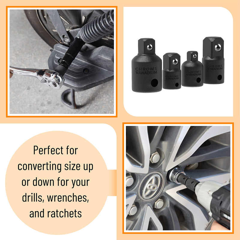 [Australia - AusPower] - Bates- Impact Socket Adapter and Reducer Set, 4-pcs, Impact Sockets Adapter Sets, Impact Adapter, Socket Adapter Set, 1/2 to 3/8 Socket Adapter, 3/8 to 1/2 Socket Adapter, 3/8 to 1/4 Socket Adapter Black 