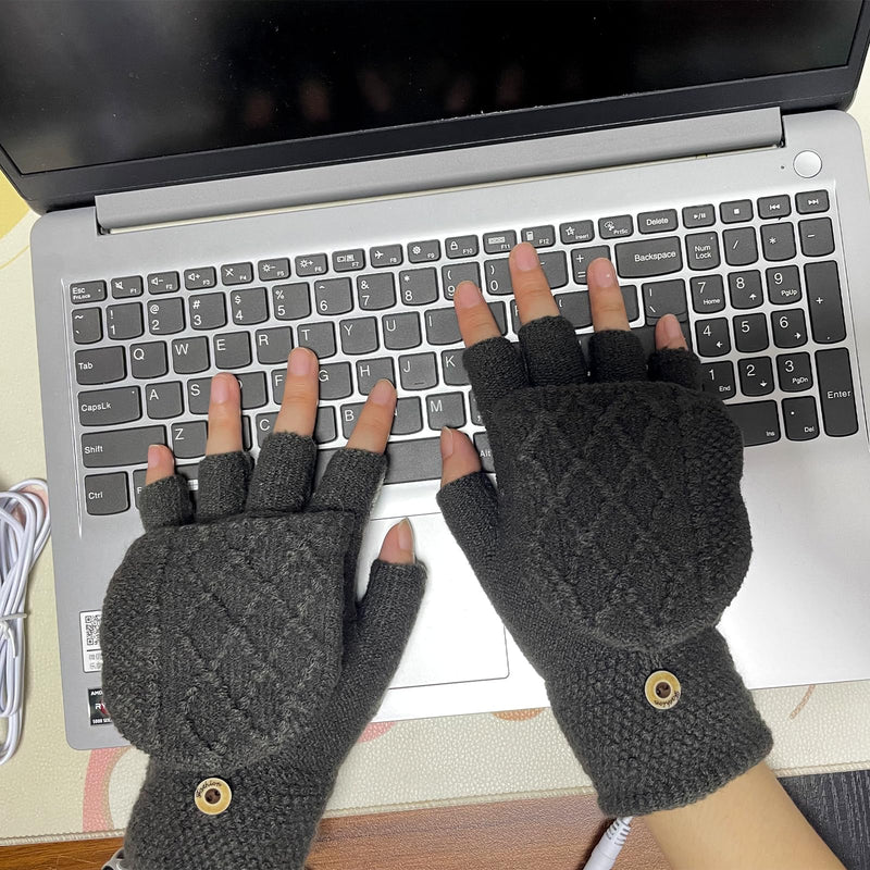 [Australia - AusPower] - Women's & Men's USB Heated Gloves Mitten Full & Half Fingerless Winter Hands Warmer Laptop Gloves Pure Grey 