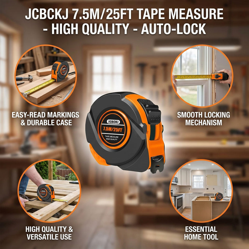 25FT Tape Measure, Inch & CM Dual Scale Self-Locking Heavy Duty Steel Measuring Tape, Easy to Read Markings, Professional Measuring Tool for Engineers, Construction Workers & Decorators (Red) (Orange) Orange