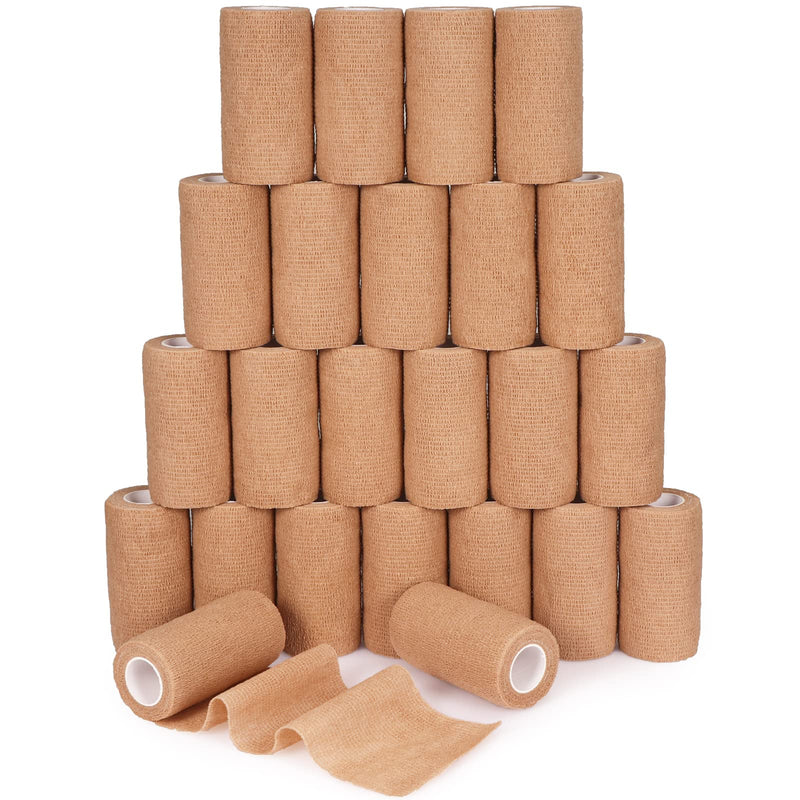 24 Pack Self Adherent Cohesive Bandage Wrap, 4” x 5 Yards Stretch Non Woven Self Adhesive Tape - Skin Colour Athletic Elastic Bandage for First Aid Medical, Sports, Ankle, Wrist Sprains Brown 4 Inch