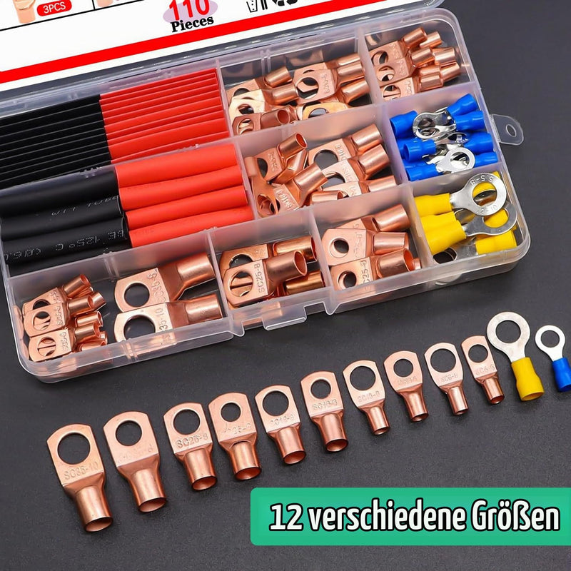 mxuteuk 130pcs Battery Cable End AWG 2 4 6 8 10 12 14 16 Specifications Copper Cable Connector, Ring Terminal Connector, Copper Ring Terminals with Heat Shrinkage 130PCS 10Size