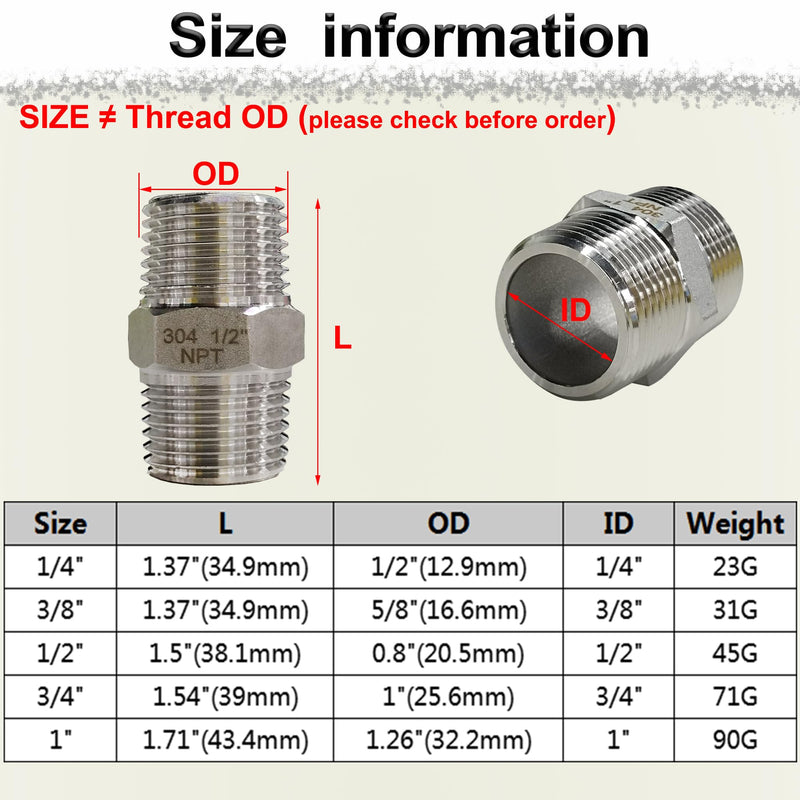 [Australia - AusPower] - 1" Male Hex Nipple Pipe Fittings, 304 Stainless Steel 1 inch NPT Threaded Pipe Adapter Fittings Equal Nipples Connectors, Male Straight Connector Pipe Fitting (1“, 2pcs) 1“, 2pcs 