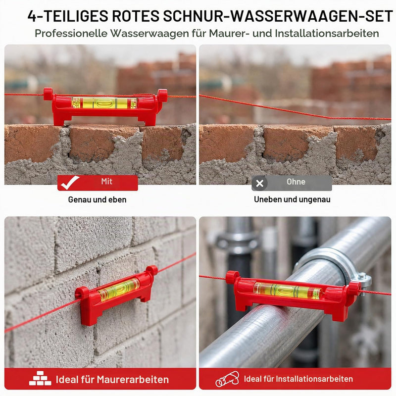 DaiUni Set of 4 String Spirit Levels, Professional Red Spirit Level for Masonry, Plumbing, Gutter Work