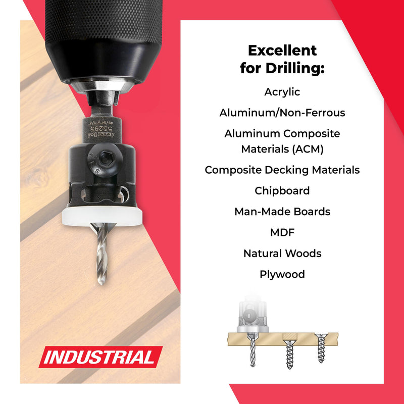 Amana Tool 82 Degree Countersink with Adjustable Low Friction Drill Bit Depth Stop, 55295, 1/2 D x 9/64 Drill D x 1/4 Inch Quick Release Hex Shank