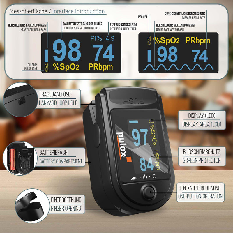 Pulse oximeter PULOX PO-200A with switchable alarm function and pulse tone incl. Accessories *Colour selection possible, black | With pulse sound, warning function and accessory kit to control oxygen saturation, heart rate and perfusion index