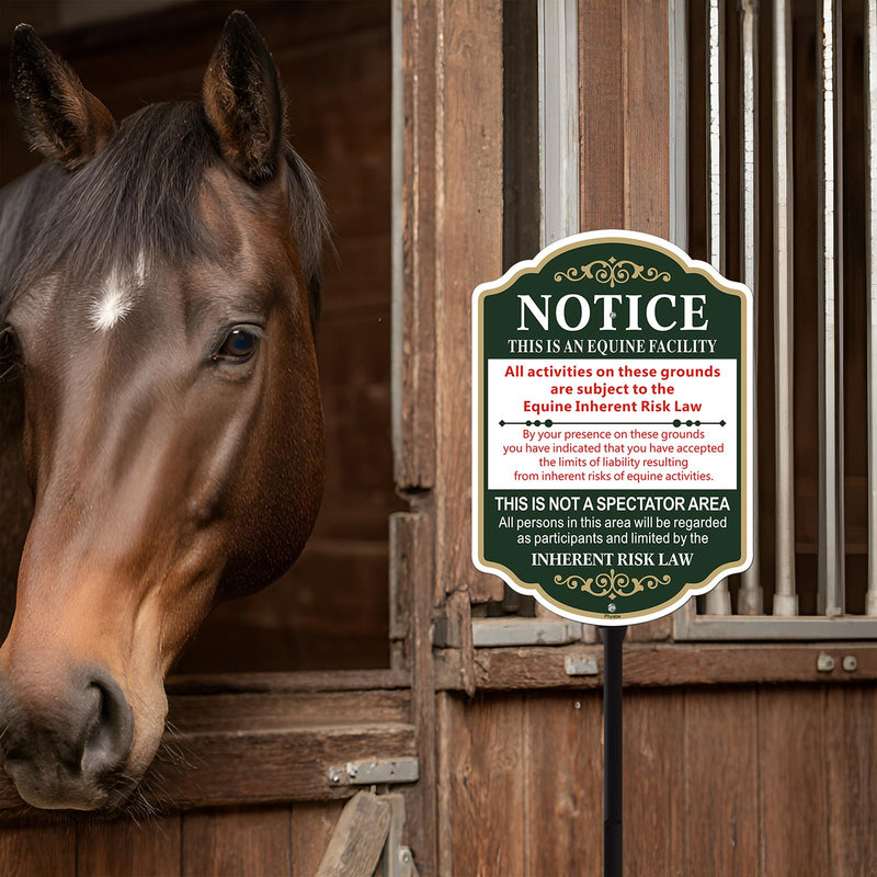 Equine Liability Sign with Stake, Horse Barn Stable Farm Statute, Aluminum Metal Sign With 35" Total Length Durble Stake, Heavy Duty Weather Resistance
