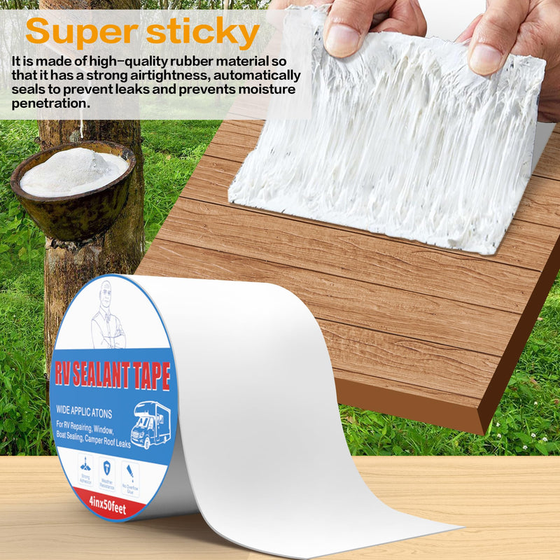 Rv Roof Tape White 4 Inch X 50 Feet, Waterproof Repair Sealant Tape UV-Resistant & Weatherproof Rv Awning Repair Tape for Window, Vent, Boat Sealing, Truck Camper Roof Patch kit Metal Roof Sealant 4in*50ft