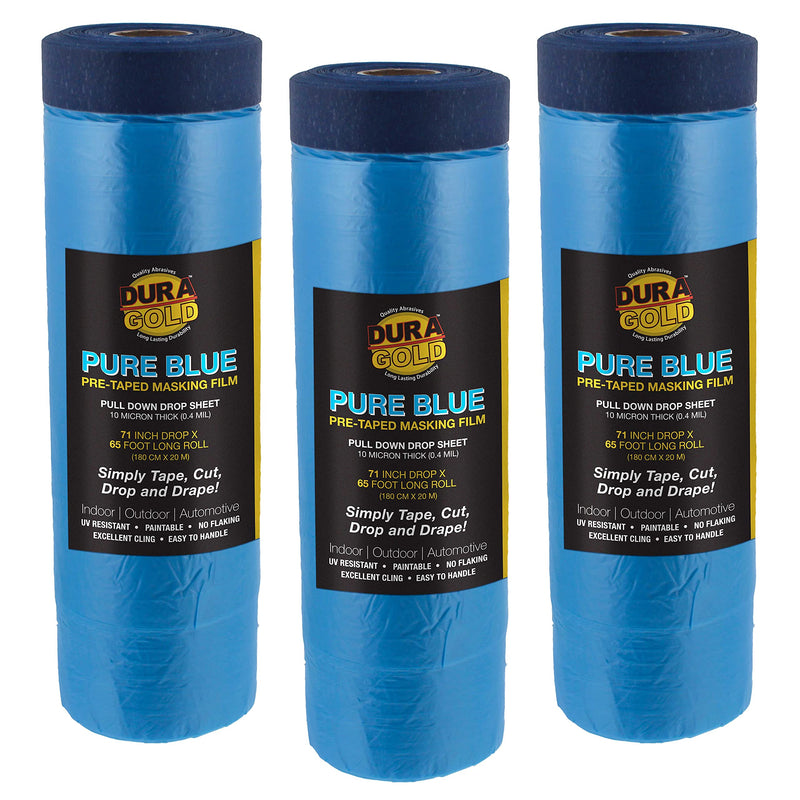 Dura-Gold 71" x 65' Pure Blue Pre-Taped Masking Film, (3 Pack) Painters Plastic Roll (0.4 Mil), Pull Down Drop Sheet, Pre-Taped Plastic Sheeting for Painting Protection on Auto, Walls, Furniture