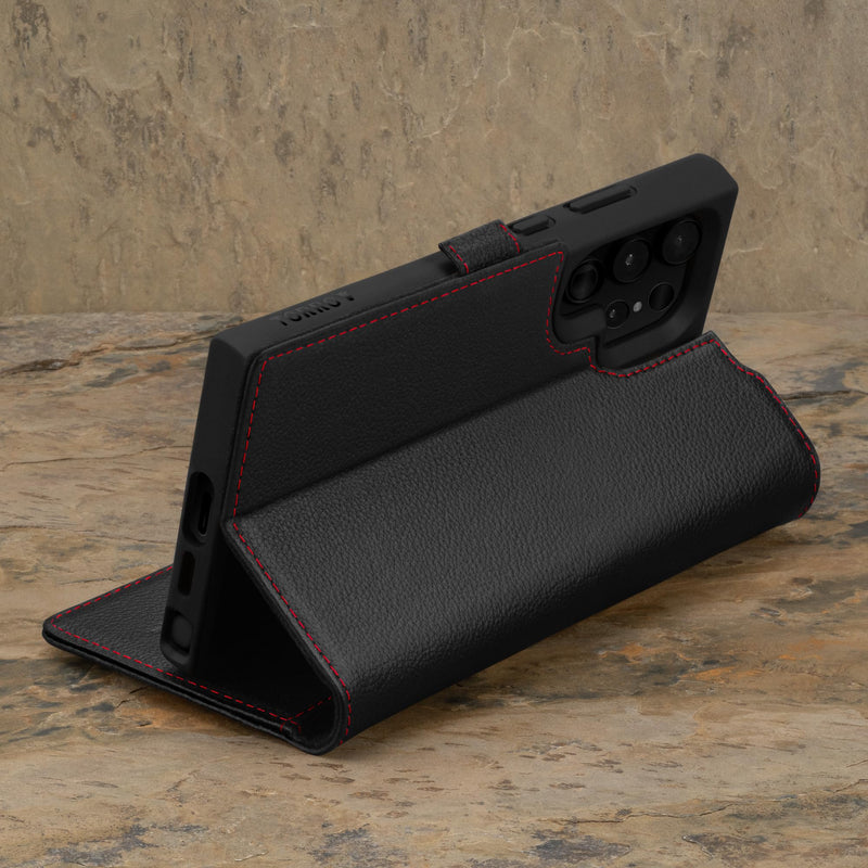 [Australia - AusPower] - TORRO Case Compatible with Samsung Galaxy S24 Ultra 5G – Premium Leather Wallet Case with Kickstand and Card Slots (Black with Red Detail) Black with Red Detail 