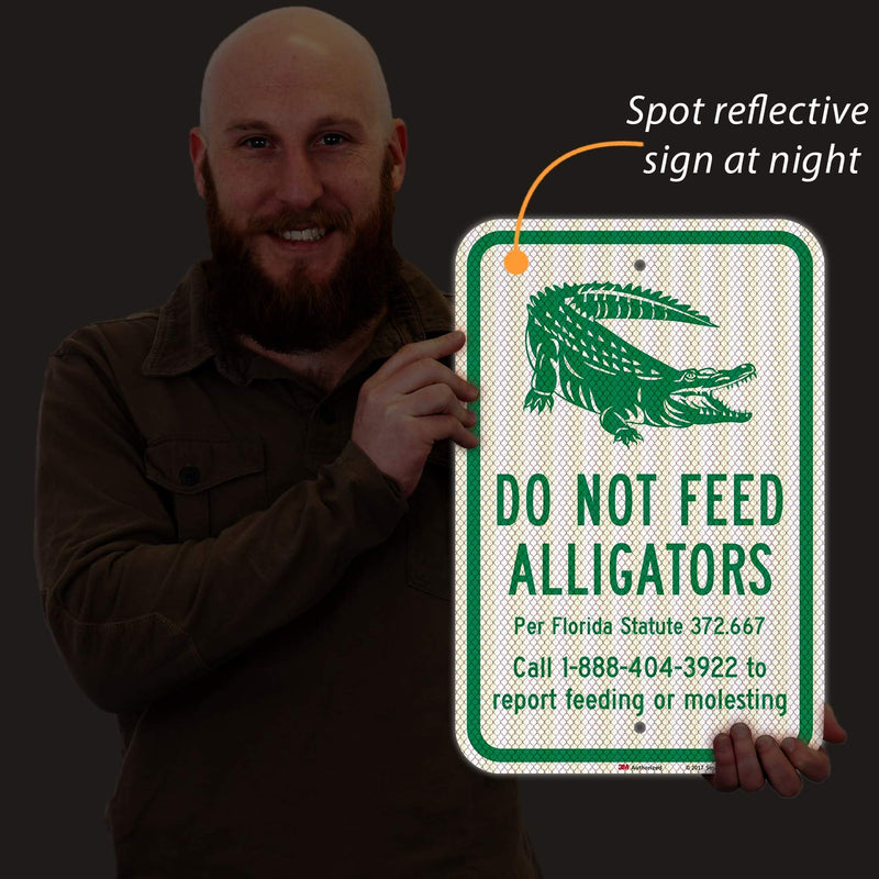 SmartSign - K-9824-HI-12x18 "Do Not Feed Alligators" Official Florida Sign | 12" x 18" 3M High Intensity Grade Reflective Aluminum Green on White HIS Reflective Aluminum 18" x 12"
