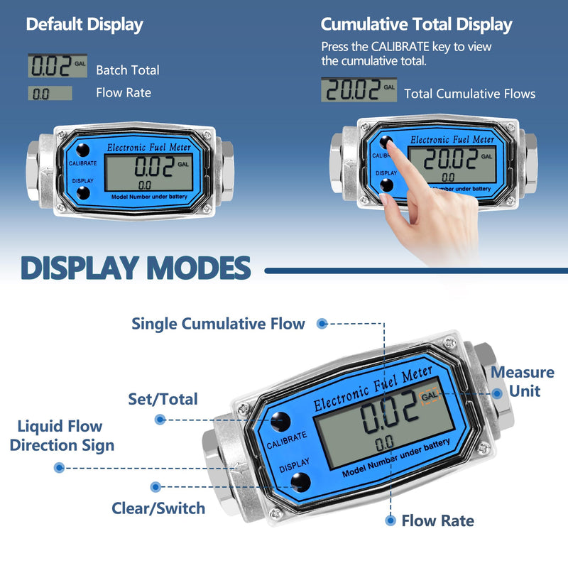 [Australia - AusPower] - 1" Turbine Fuel Flow Meter, 2.6-26 GPM Inline NPT Thread Flowmeter with 3/4" Adapters,Digital Fuel Flow Meter,for Kerosene,Biodiesel, Light Chemicals- Supports Gallon, LTR, PT, QT 