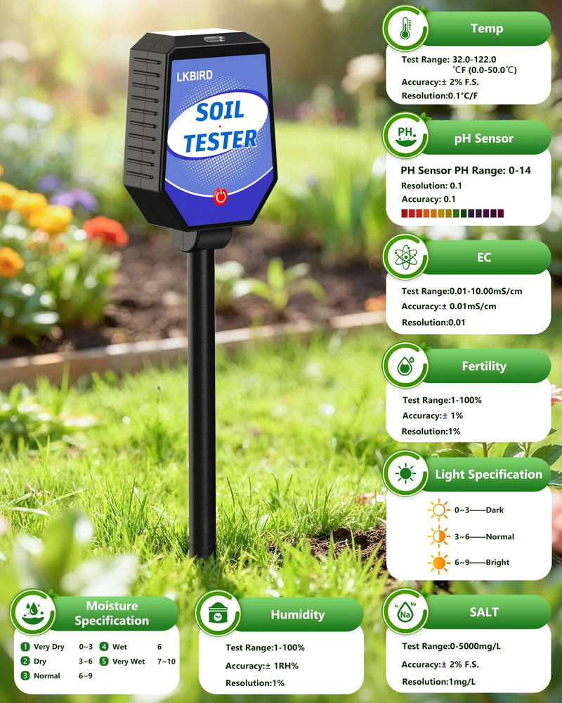 [Australia - AusPower] - 8-in-1 Soil Moisture Tester with APP Monitoring, Soil Moisture pH Meter, Light, Salinity, Fertility, EC, Temperature, Humidity Soil Test Kit for Garden, Farming, Lawns, Indoor & Outdoor Plants. 