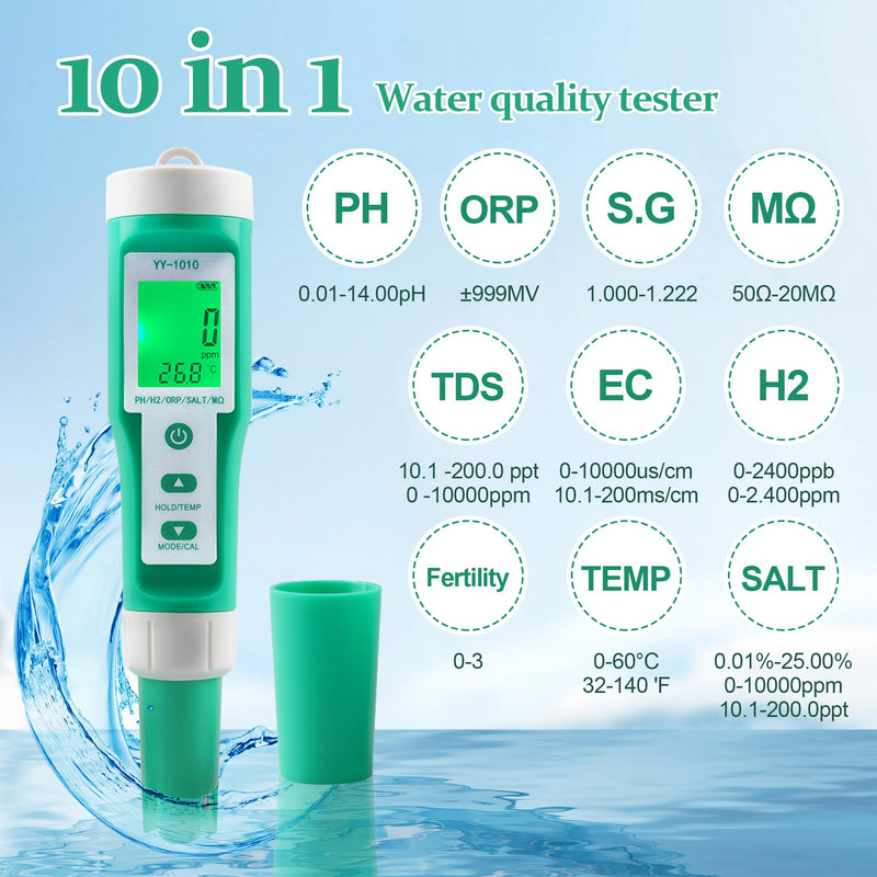 [Australia - AusPower] - Hydrogen Water Tester 10 in 1 Resistivity/Fertility/H2/pH/TDS/EC/ORP/S.G/Salt/Temp Meter with ATC pH Meter,0.01 High Accuracy pH Tester Digital,TDS Meter PPM Meter for Drinking,Hydroponics,Pool. 10-1 