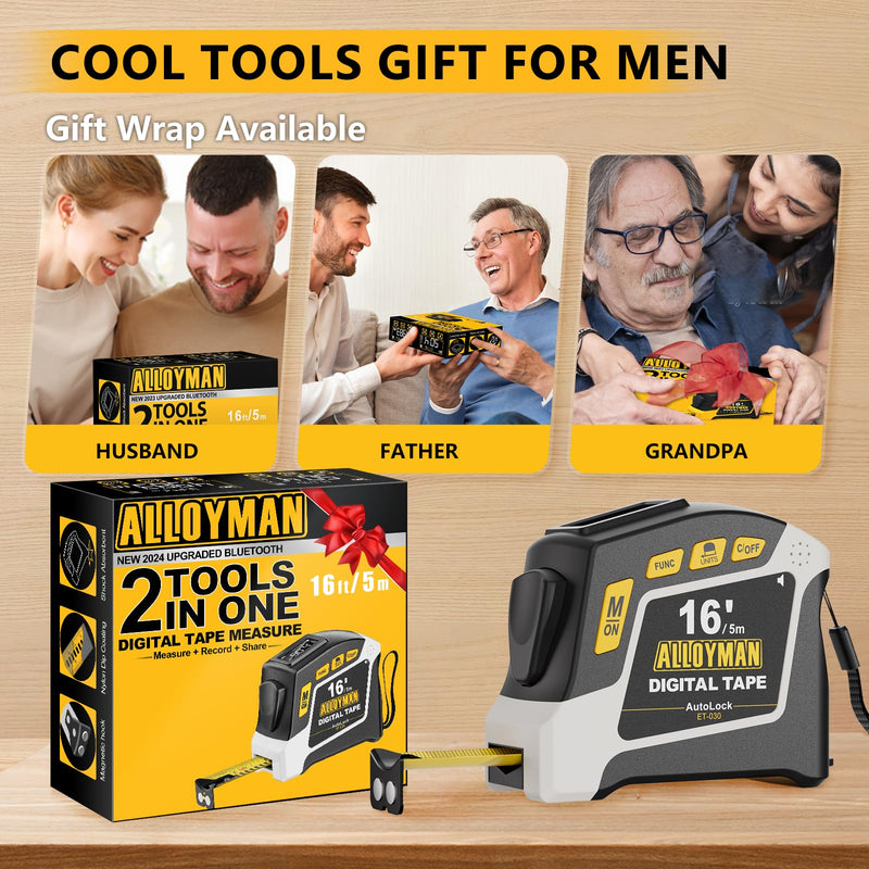 [Australia - AusPower] - Alloyman 2-in-1 Digital Tape Measure, 16Ft Measuring Tape, 50 Groups Historical Memory, 6 Units Switch, 4 Measuring Modes, Auto Lock with Movable Magnetic Hook, Waterproof & Drop Proof, App Sync 
