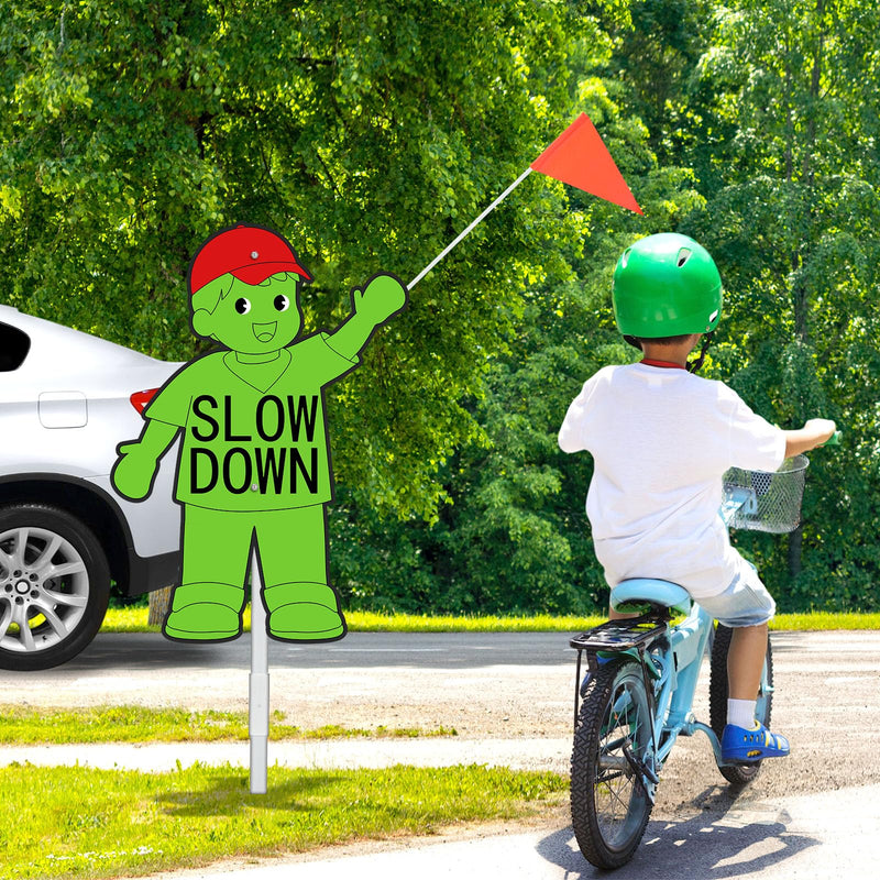 Copkim 2 Set Metal Slow Down Kids at Play Sign with Stake Safety Flag Double Sided Weatherproof Children at Play Safety Street Sign 38" Tall for Neighborhoods Community Outdoor Yard(Boy Style,Green) Green Boy Style