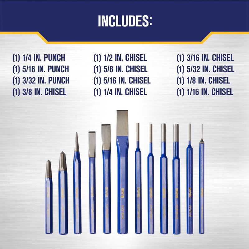 [Australia - AusPower] - IRWIN Chisel Set, Chisel and Punch, 12-Pack with Various Sizes, Tempered for Durability, Great for Woodworking (IRHT82529) Punch and Chisel Set, 12 Pack 
