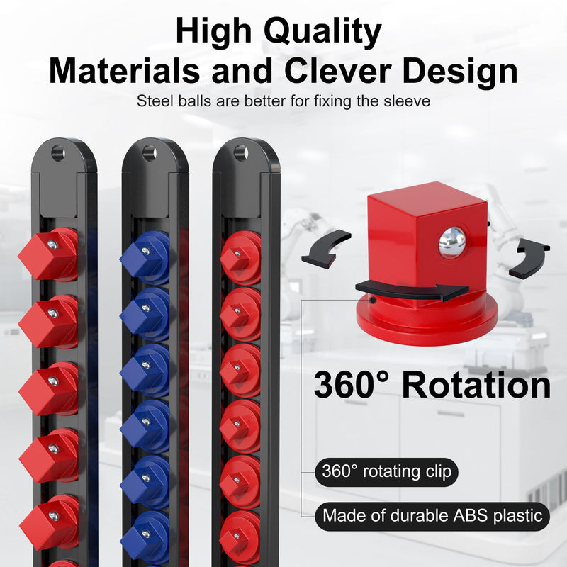FIVEPEARS 6PCS 360° Socket Organizer Twist Lock,3/8 1/4 1/2 Socket Storage Rails, Premium Quality Socket Holders for Tool Box ，Tool Carts，Contains up to 80 Clips (Blue & Red) REDBLUE-6