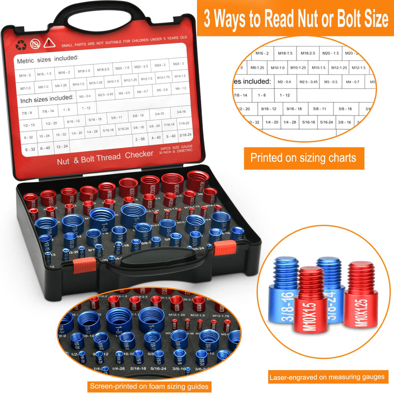 [Australia - AusPower] - 55 Pcs Nut and Bolt Thread Checker (25 Metric & 30 Standard), Bolts and Nut Identifier Thread Gauge, Detachable Bolt Size Finder Especially for Tight Spaces 
