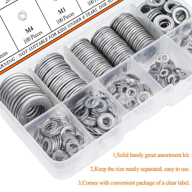 [Australia - AusPower] - 600 Pieces 9 Sizes 304 Stainless Steel Flat Washers Assortment Kit (M2 M2.5 M3 M4 M5 M6 M8 M10 M12) 