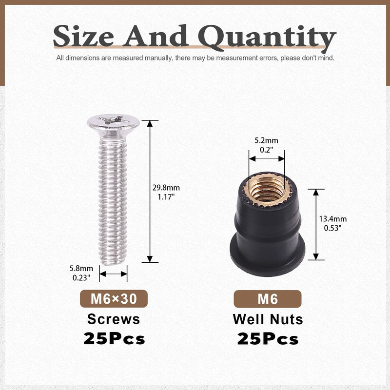 [Australia - AusPower] - 50Pcs M6 Neoprene Well Nut with M6 x 30mm Stainless Steel Screws, Rubber Well Nuts Fairing Fasteners for Windscreen Motorcycle Kayak Boats 50 