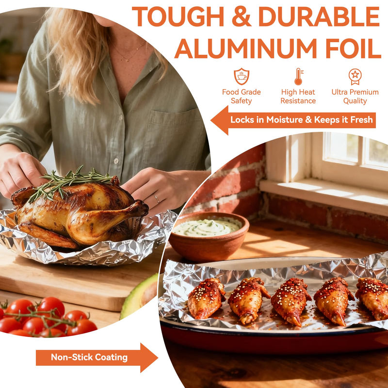 Aluminum Foil Roll, 12in x 190ft Aluminum Foil, Thick Strong Tin Foil with Cutter, Food Safe Cling Wrap for Cooking, Baking, Roasting, Grilling, Freezer Storage