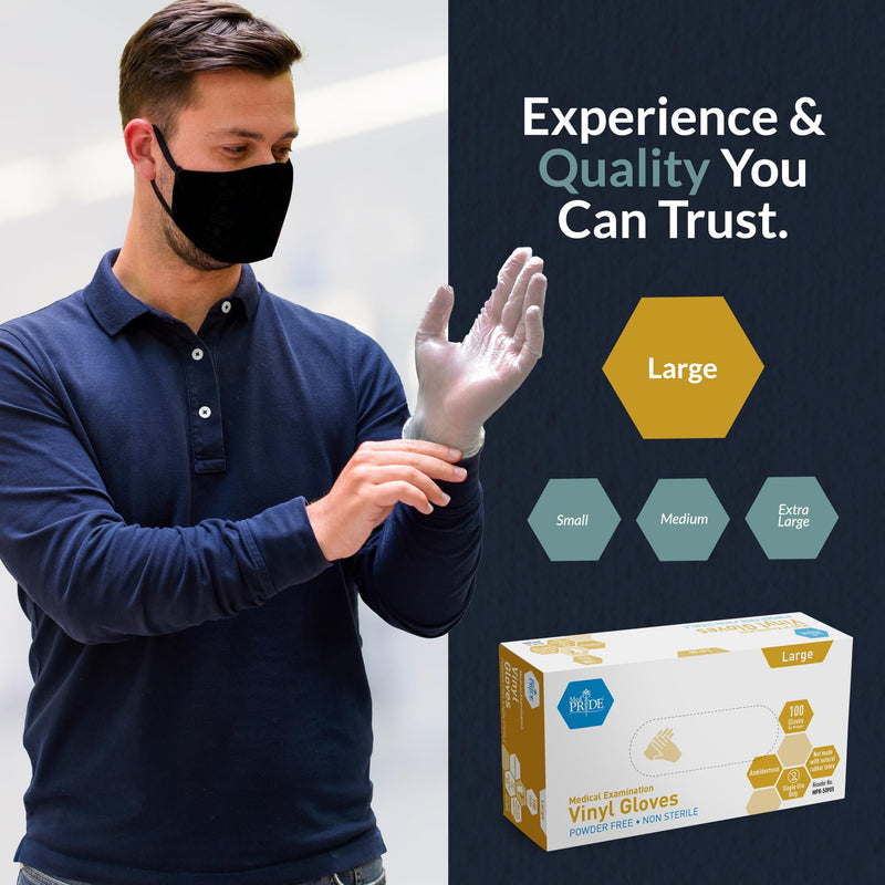 [Australia - AusPower] - MED PRIDE Medical Vinyl Examination Gloves (Large, 100-Count) Latex & Rubber Free, Ultra-Strong, Clear Disposable Powder-Free Gloves for Healthcare & Food Handling Use Large (Pack of 100) 
