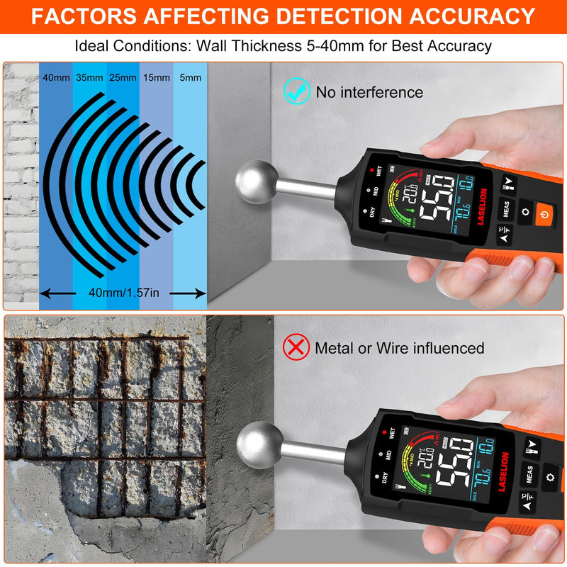 [Australia - AusPower] - MS04 Pinless Moisture Meter with Ball Probe for Non-Destructive Area Scans Ideal for Wood Walls and Construction Materials Customizable Humidity Alarms Built-in Flashlight 