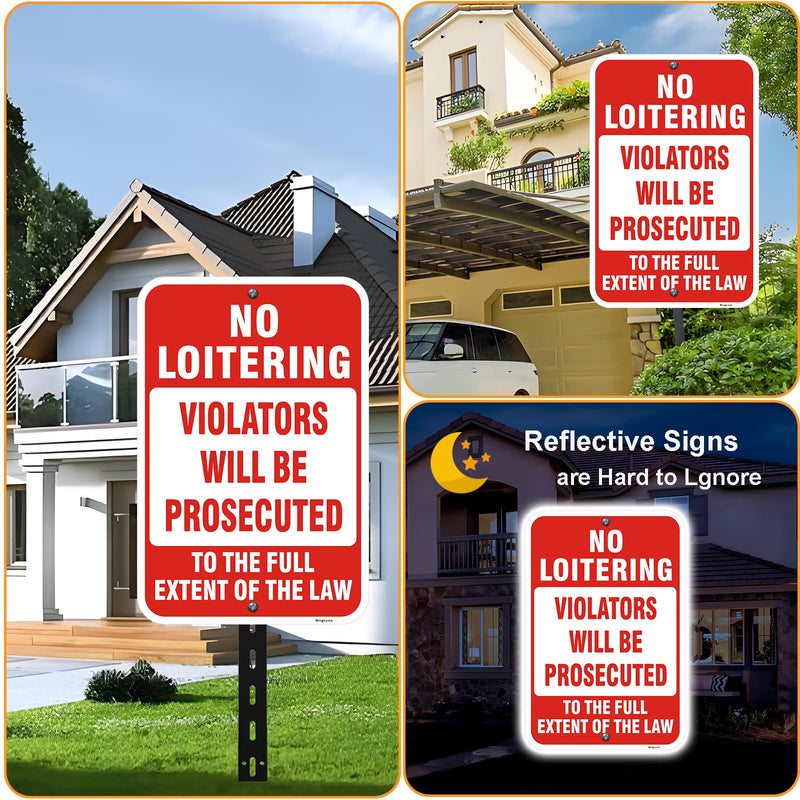 2 Pack No Loitering Signs, 18 x 12 Inch Violators Will Be Prosecuted Sign, No Loitering To The Full Extent Of The Law, Reflective Rust-Free Aluminum, UV Protected Weatherproof for Home & Business.