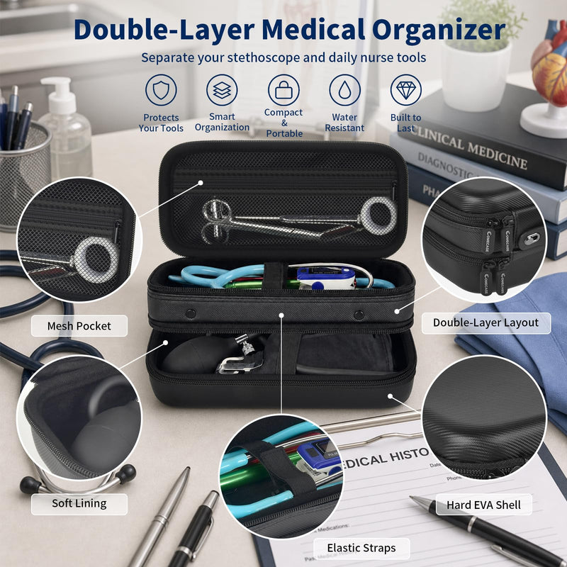 COMECASE Stethoscope Case for Littmann Classic III, Hard Nurse Organizer | Double-Layer Layout Keeps Your Stethoscope, Penlights and Daily Medical Tools Separated for Work Jet Black