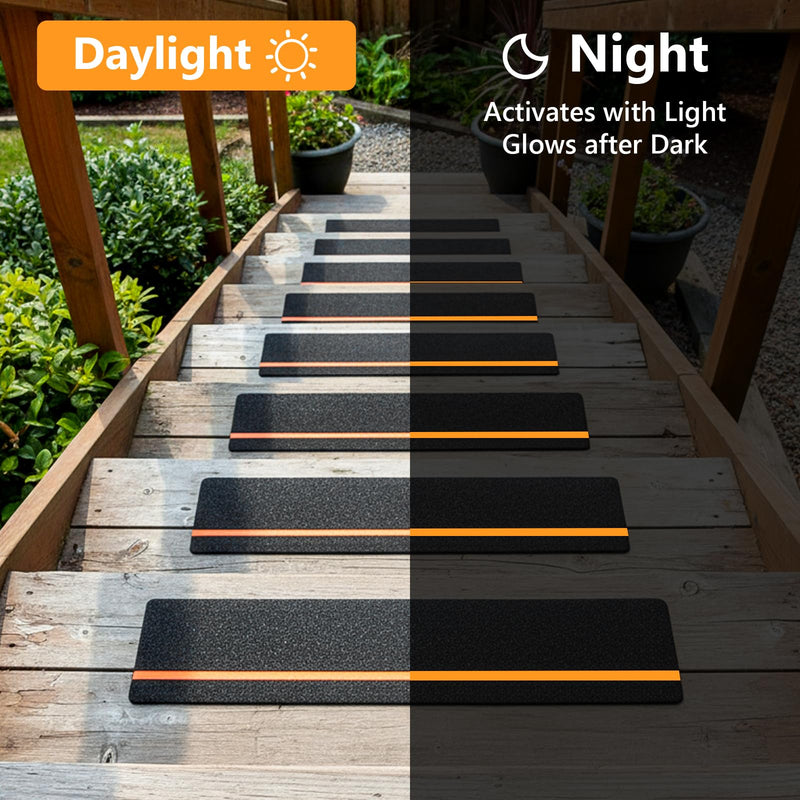 12 Pack Anti Slip Stair Tread with Reflective Stripe, 6" x 24" Black Grip Tape for Stairs, Outdoor Non Skid Tapes, Anti-Skid Tape, High Traction Friction Abrasive Adhesive for Stairs Step
