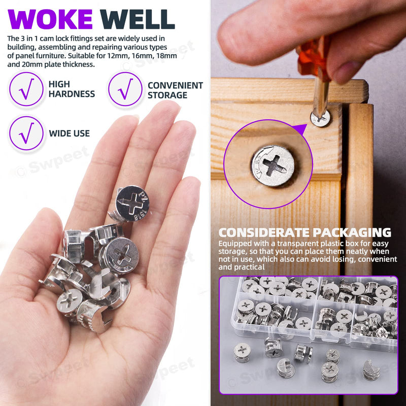 [Australia - AusPower] - Swpeet 100Pcs 4 Sizes 3 in 1 Furniture Connecting Cam Lock Fittings Assortment Kit, Fastener Cabinet Connectors Hardware Bolts Furniture Connecting Lock Nut for Closets Bed Furniture Connecting 