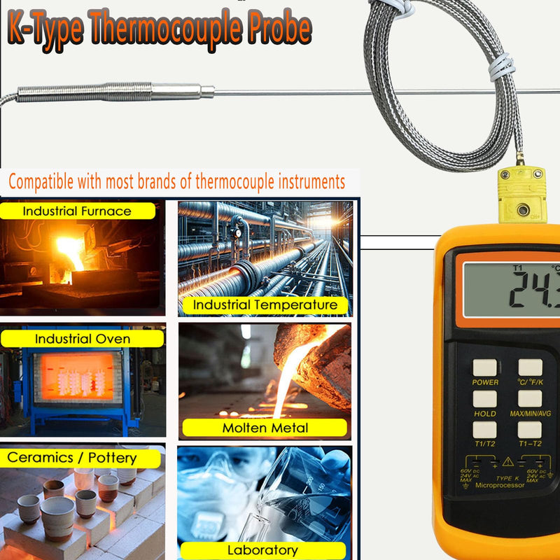 [Australia - AusPower] - 2 Packs of TL1916SL K-Type thermocouple Probes Probe 11.9 in/0.06 in/Cable Length 40 in Measuring Range -50°F - 1100°F 