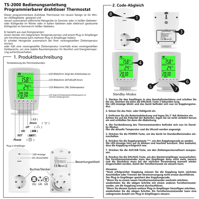 [Australia - AusPower] - diymore Wireless Thermostat Socket, Infrared Heating Thermostat with Heating and Cooling Mode, Socket Thermostat 230 V with Temperature Sensor, LCD Display with Backlight 