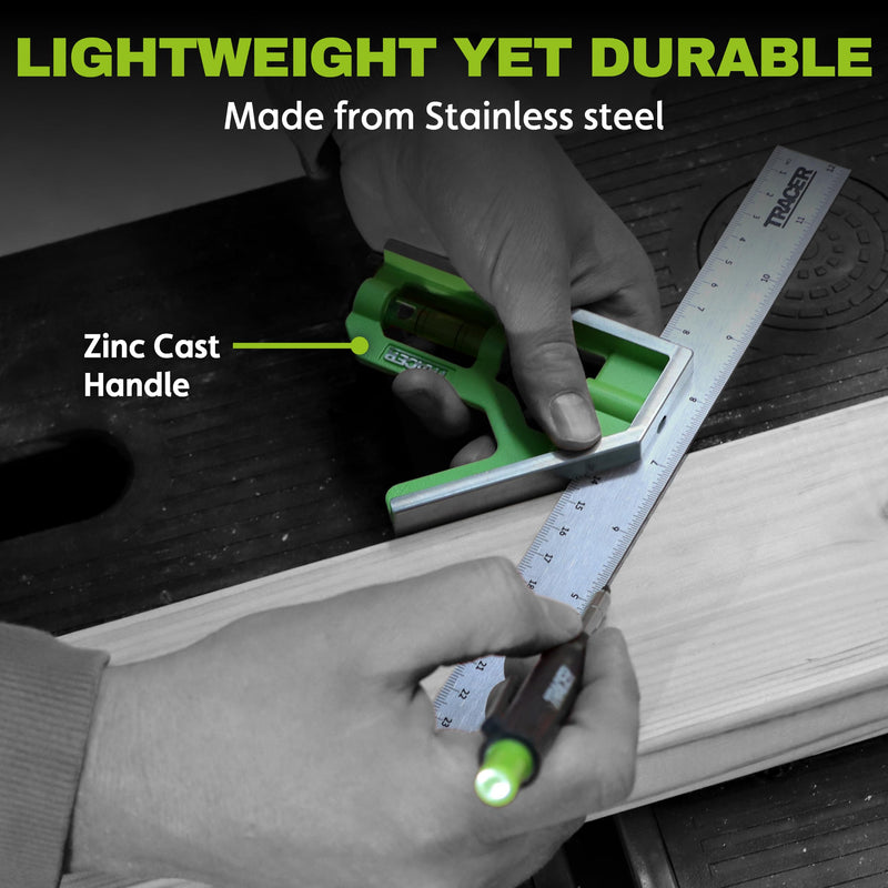 TRACER 12 Inch Combination Square with Level | Adjustable Square Tool for Woodworking Carpenter | Metric & Imperial Ruler Stainless Steel Combo Square | Escuadras de Carpintero | Built in Scribe Tool
