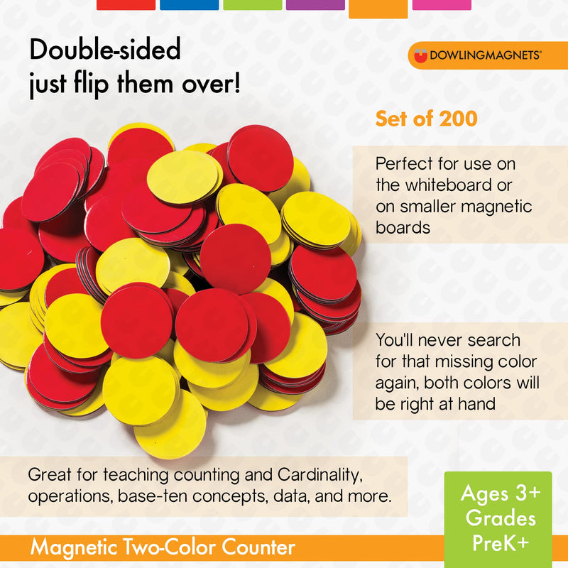 [Australia - AusPower] - Dowling Magnets Magnetic Two-Color Counters (Red/Yellow, 1 inch Diameter Each), Set of 200. Item 732190. Counters for Kids Math/Math Counters for Kids/Magnetic Math Manipulatives/Montessori Math 