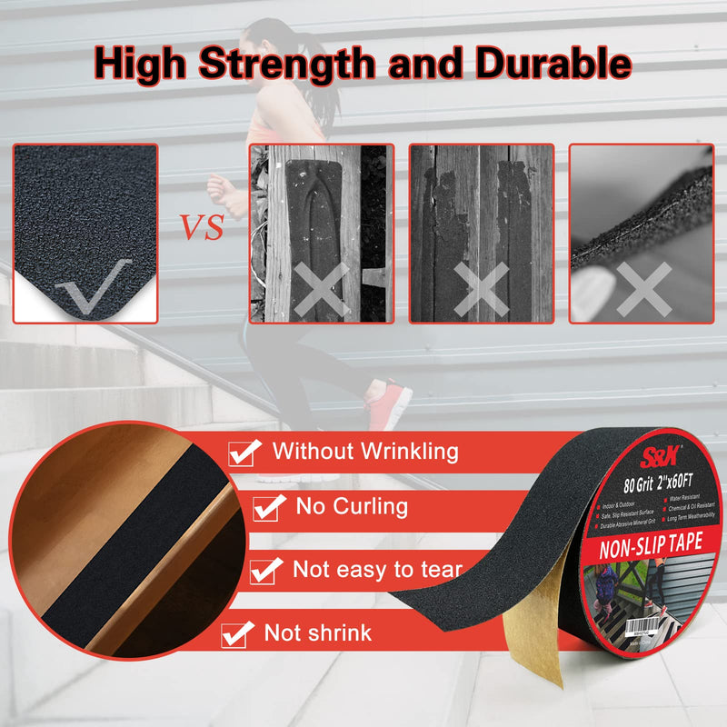 S&X Anti Slip Tape, 2 Inch x 60 Ft Non Slip Tape for Outdoor Steps, Non Skid High Traction Grip Tape for Stairs Waterproof, Corundum Surface, Polyester Film Based, Long-Lasting, Black 2" x 60'