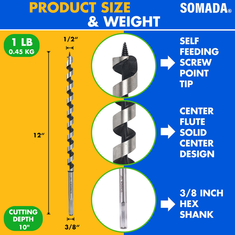 [Australia - AusPower] - 1/2-Inch x 12-Inch Auger Drill Bit for Wood, Hex Shank 3/8-Inch One Piece, Ship Auger Long Drill Bit for Soft and Hard Wood, Plastic, Drywall and Composite Materials 1/2"x12" 