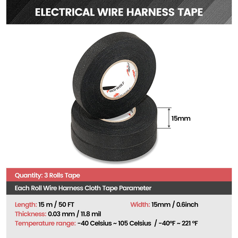 RED WOLF Wire Electrical Tape, 3/5 Inch x 50 Feet 3-Roll, Felt Cloth Electric Tape Noise Dampening High Temp Wiring Loom Harness, Self-Adhesive Fabric Tape for Automotive Engines Wrap Protection