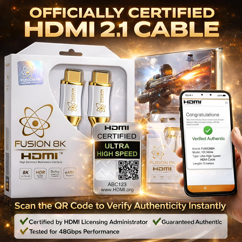 Fusion8K White HDMI 2.1 Cable 3ft - Certified 48Gbps 8K@60Hz 4K@120Hz 10K | HDR Dolby Vision eARC | Braided Cord for PS5 Xbox Series X Apple TV 4K 3 Feet
