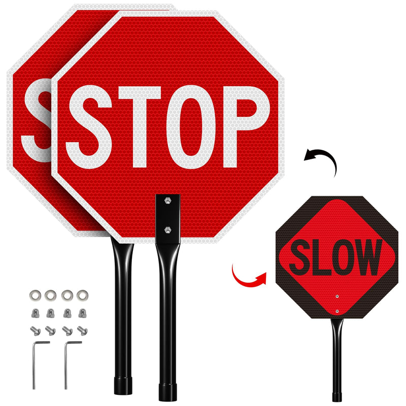 2 Pack Stop Slow Sign with Handle, 13"x13" Double Sided Stop/Slow Traffic Sign, Rust Free Reflective Aluminum, Fade & Weather Resistant, Waterproof, UV Protected, Easy to Mount and Read Red-Stop/Slow with Handle-2Pack