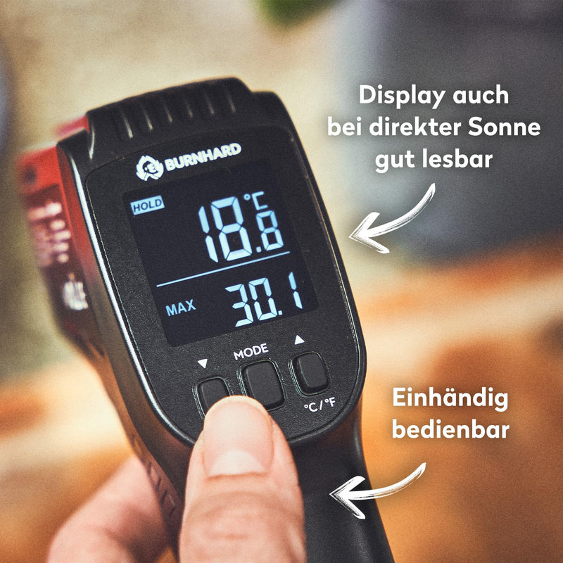 [Australia - AusPower] - BURNHARD Infrared Thermometer, Dual Laser, -50 - 550 °C, Laser Temperature Meter with Hold Function, Battery Operated, Emissivity Adjustable, Ideal for Pizza Stones and Grill Plates 