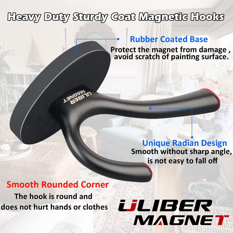 [Australia - AusPower] - ULIBERMAGNET Strong Magnetic Double Hooks, 2 Pack Heavy Duty Sturdy Coat Magnetic Hooks, Rubber Magnets Large Hooks for Coat Robe Towel Key Hat (Black) Black 