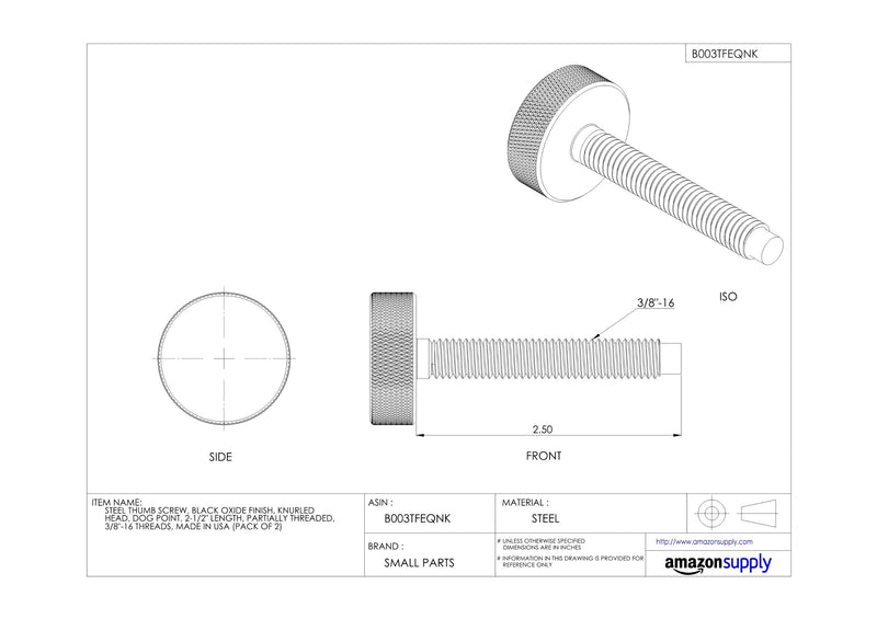 [Australia - AusPower] - TE-CO 43810 Dog Point Knurled Head Screw Black Oxide, 5/16-18 Thread x 2-1/2" Lg (2-Pack) 5/16"-18 #10-12 Partially Threaded 2 1/2 Inches 